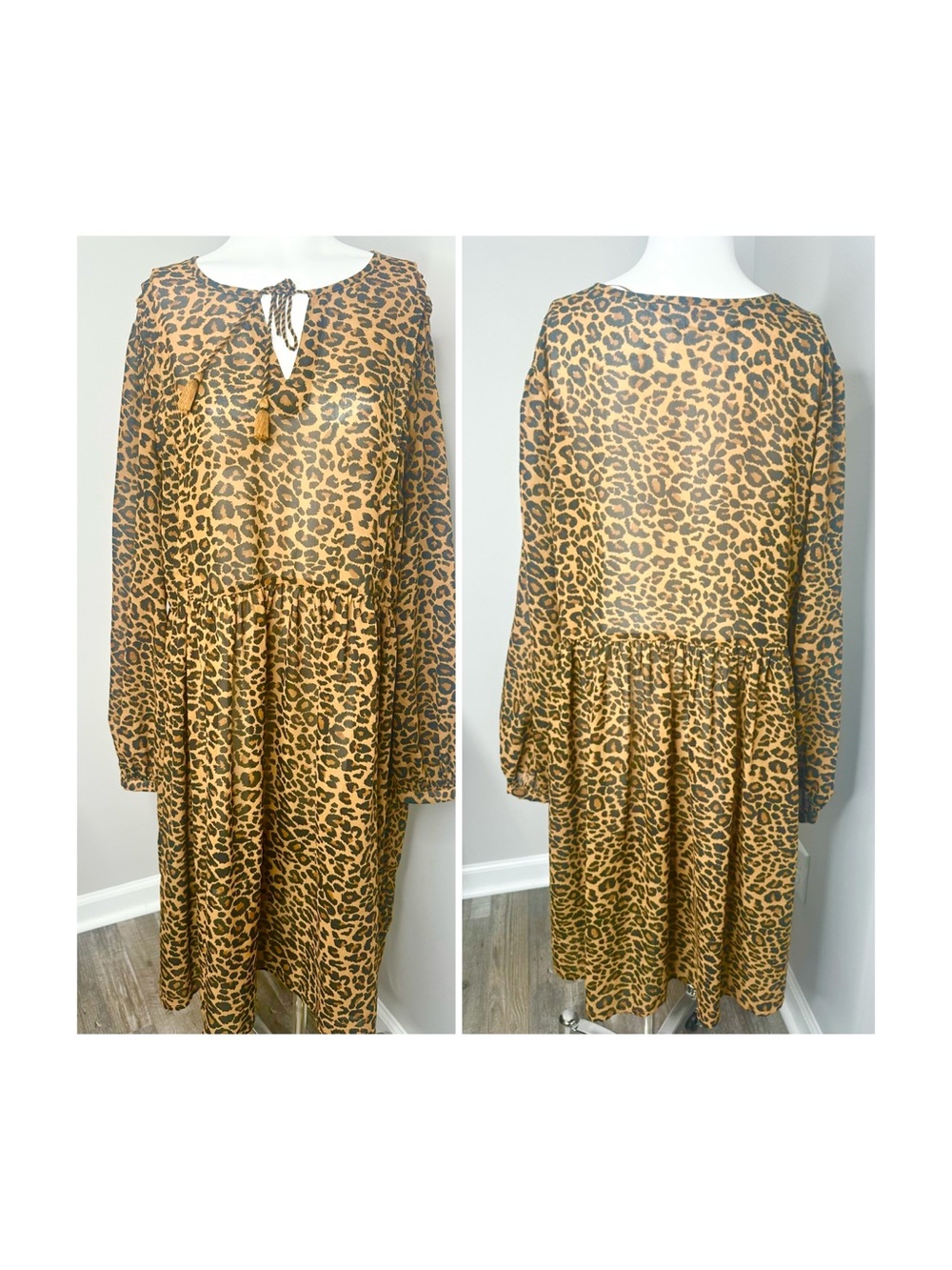 Time and Tru Leopard Print Long Sleeve Smock Dress - Xl